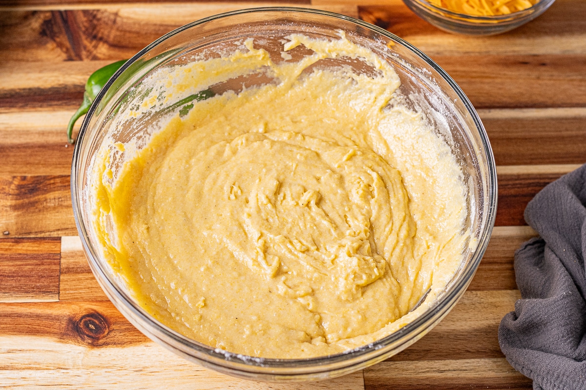 cornbread batter in a large mixing bowl