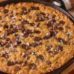 pumpkin oatmeal chocolate chip skillet cookie with melted chocolate on top