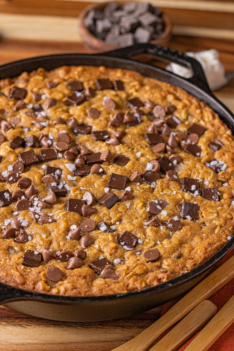 Pumpkin Oatmeal Chocolate Chip Cookie Skillet Cookie is a soft, extra chocolatey cast iron cookie with the perfect texture of oatmeal and warm spices.