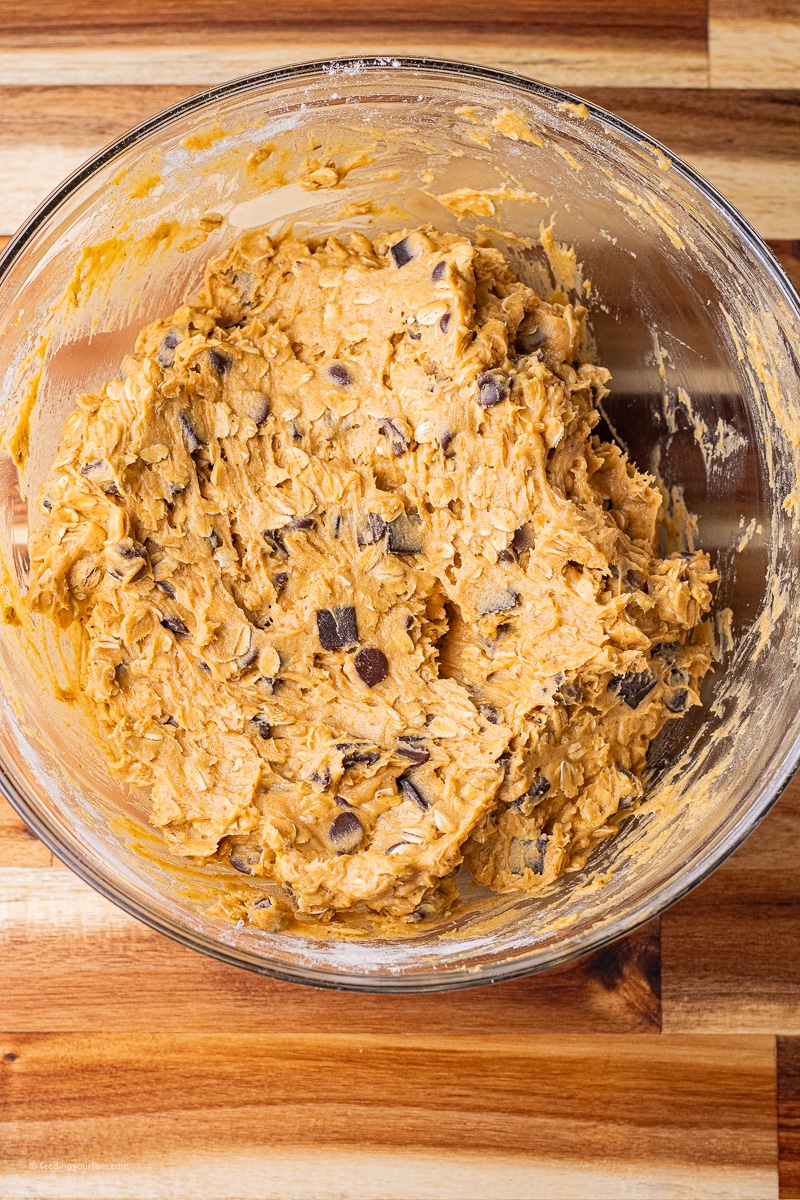 cookie dough for pumpkin oatmeal chocolate chip cookie in a glass mixing bowl